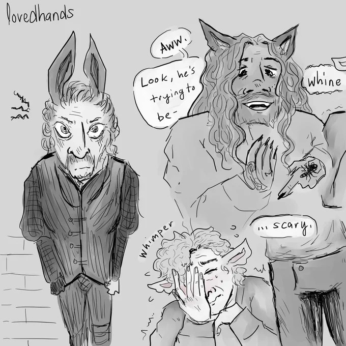 Angle of  bunny Izzy glaring up, looking kind of ridiculous.
Ed looks down at him, fond and amused. He points at Izzy with his left hand and curls his right toward his chest, perfunctorily swooning. "Aww. Look, he's trying to be—"
"whine" from the little sliver of Stede visible beside Ed.
Sheep Stede covers his face with one hand as the other limply hangs under his chin. His eyes are screwed shut, and his cheeks are tinged pink. He whimpers.
"...scary," Ed finishes as Stede wets his trousers in fear; that's the third time this week! It's Sunday!!!