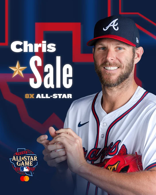 Chris Sale: 8x All-Star. Graphic features Sale smiling with a baseball in hand.