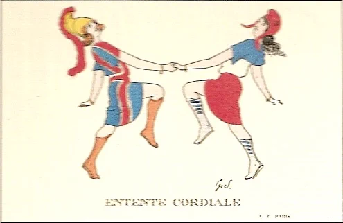 Cartoony image of the entente cordiale stolen from wikipedia. Two women dancing emphatically. One wearing dress made of uk flag and a metal helmet. The other wearing dress made of france flag and a metal helmet. Guess the helmets are the cordiality? Or the dancing? 