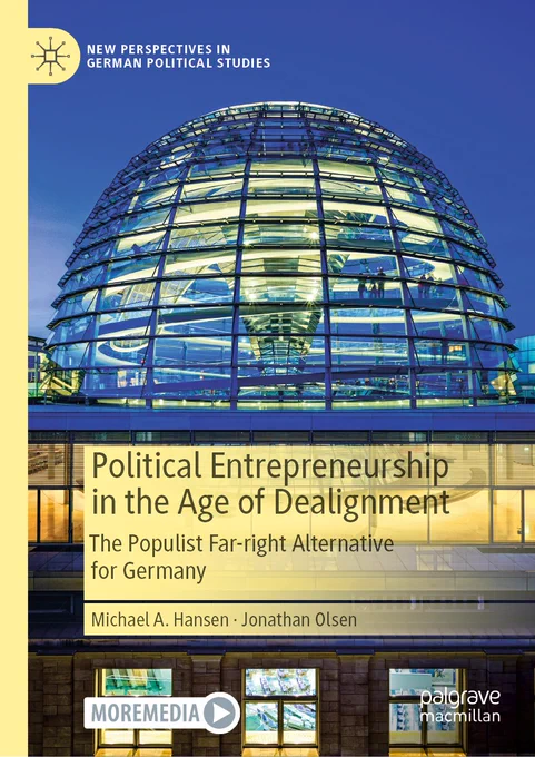 This is a book cover for "National Populism in the Age of Derealignment: The Populist Far-right Alternative", featuring an image of the illuminated, glass-domed Reichstag building in Berlin, symbolizing German political themes.