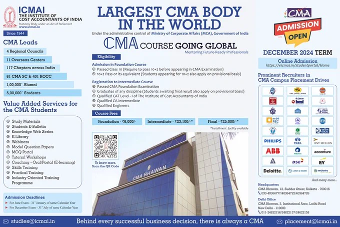 Career in Cost and Management Accountancy - Cost Accountant 
CMA

Regular - Oral - Maharashtra - Pune Chapter

Link 
https://eicmai.in/studentportal/Home

Admission 
After 12th Apply for
CMA Foundation / CAT 

After Graduation / Foundation / CAT CMA Apply for
CMA Intermediate

After CMA Intermediate Apply for
CMA Final

Address
CMA Bhawan, Sr. No. 22, Hissa No. 1 2/2B, CTS No. 323, Canal Road, Lane No. 2, Vikas Mitra Mandal Chowk, Karvenagar, Pune, Maharashtra - 411052

Tele Phone 020-25479793
Email pune@icmai.in