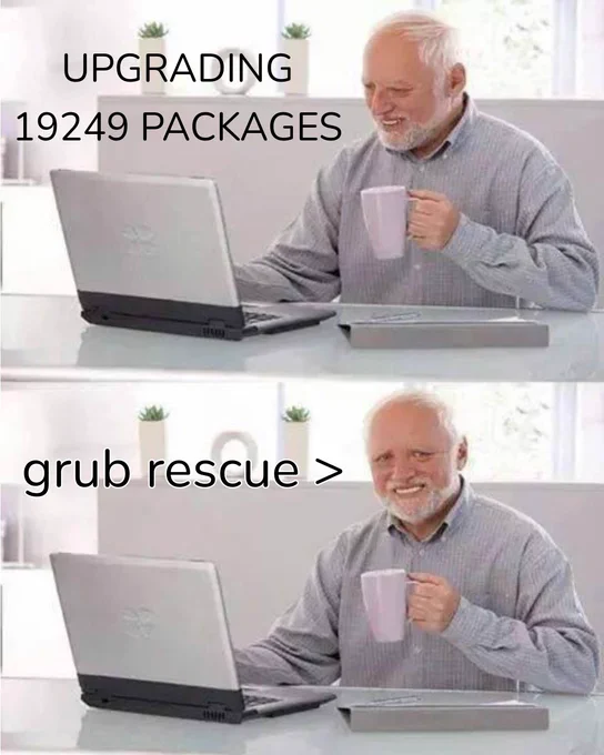 Top image: Man smiling while upgrading 19249 packages. Bottom image: Same man at 'grub rescue' prompt, still smiling but looks concerned.