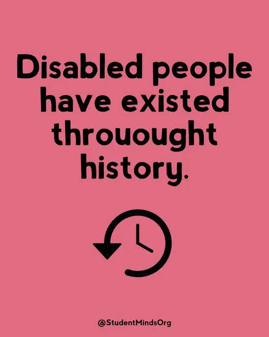 The text reads: Disabled people have existed throughout history. 

There is a graphic of a clock under the text