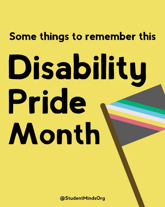 A graphic with the disability flag on the right. There is text on the left that reads: Some things to remember this Disability Pride Month 