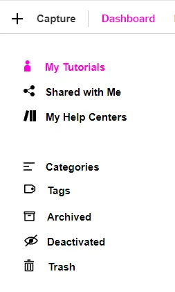 iorad menu has changed; Tutorials is now Dashboard, and Help Centers is now in the left menu, third item down as My Help Centers.