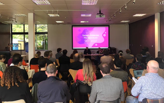 Book panel of Darren Gillies, Kathleen Lennon, and Mary Edwards with audience of 50 people at the UK Sartre Society conference held at the Maison Française d’Oxford. 8 July 2024.
