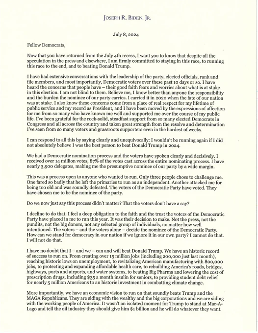 A letter from President Joe Biden addressed to fellow Democrats, discussing the importance of working together to defeat Donald Trump in November. 