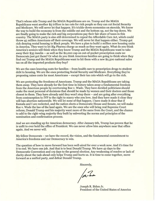 A letter from President Joe Biden addressed to fellow Democrats, discussing the importance of working together to defeat Donald Trump in November. His signature is at the end of the letter. 