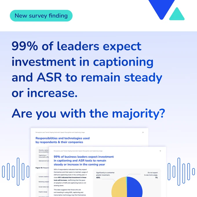 New survey finding: 99% of leaders expect investment in captioning and ASR to remain steady or increase. Are you with the majority? Graphics of a survey report with a chart appear at the bottom with decorative elements.