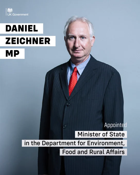 Image of Daniel Zeichner MP, with text announcing his appointment as Minister of State in the Department for Environment, Food and Rural Affairs.