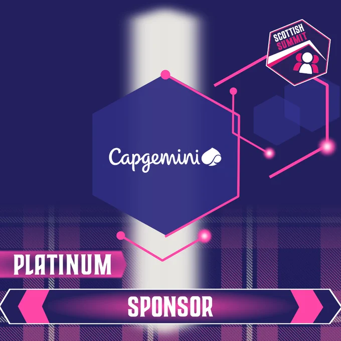 Navy social tile with pink tartan design at the bottom, with a platinum stripe down the middle with the Capgemini logo promoting them as platinum sponsor at this year's Scottish Summit 2024