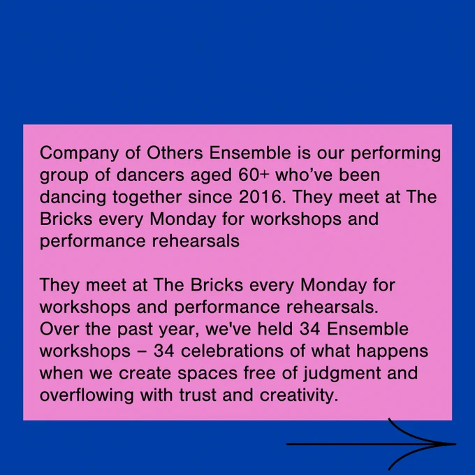 Image with text: Company of Others Ensemble is our performing group of dancers aged 60  who've been dancing together since 2016. They meet at The bricks every Monday for workshops and performance rehearsals 

They meet at The Bricks every Monday for workshops and performance rehearsals. Over the past year, we've held 34 Ensemble workshops - 34 celebrations of what happens when we create spaces free of judgement and overflowing with trust and creativity