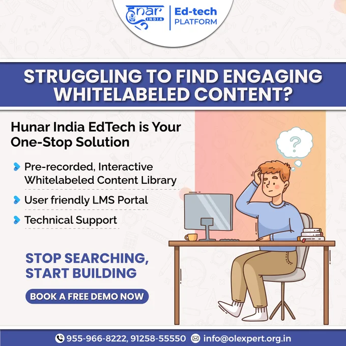  and dedicated technical support, we offer everything you need to enhance your learning experience. Stop wasting time searching and start building with Hunar India EdTech today!

Key Features:
- Extensive White Labeled Content Library
- User-Friendly Learning Management System
- Reliable Technical Support

Contact Us:
📞 955-966-8222, 91258-55550
📧 info@olexpert.org.in
.
.
.
.
.
#edtech #app  #website #websitelaunch #appdesign #whitelabele  #WHITELABEL #content #educationalcontent #education #hunarindia #itsupport #it 