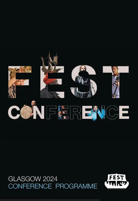 Cover of a conference brouchure, with colourful lettering on a black background. Reads: FEST CONFERENCE