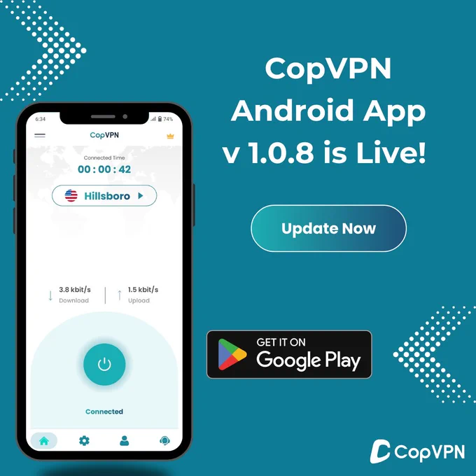 CopVPN android app's new version 1.0.8 is now live; update the latest version.