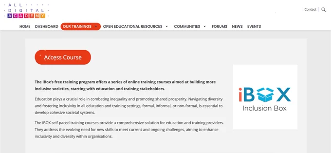 Screenshot of the iBOX self-paced course on the All Digital Academy platform. The photo contains a button to access the course, the logo of the iBOX (Inclusion BOX) project and a small description of the project and the training. 