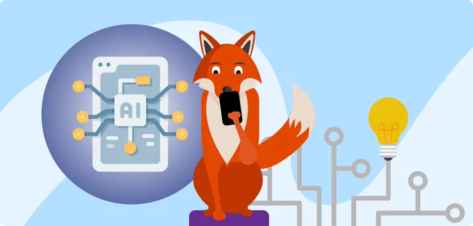 Op de afbeelding zie je Digi, de mascotte van DigiHandig die bezig is met een toekomstige les over AI in de DigiHandig app.