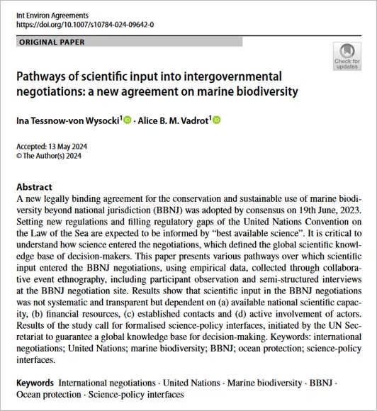 Title, author’s names, and abstract from a paper about scientific input into the 2023 BBNJ Agreement
