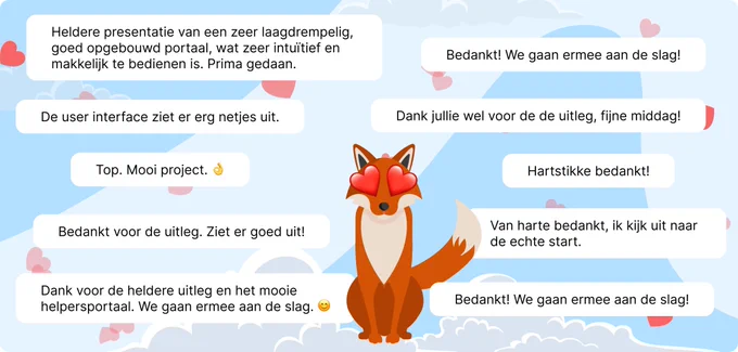 Op de afbeelding zie je Digi, de mascotte van DigiHandig omringt door positieve reacties op het DigiHandig  Helpersportaal.