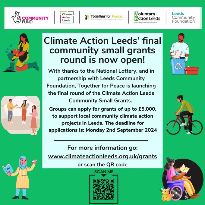 Flyer advertising that the CAL community small grants round is now open. Includes graphics of people carrying out climate related activities such as growing, cycling, teaching, recycling etc.