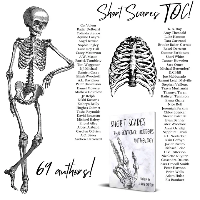 Cover of SHORT SCARES with all 69 authors plus a skeleton or two
