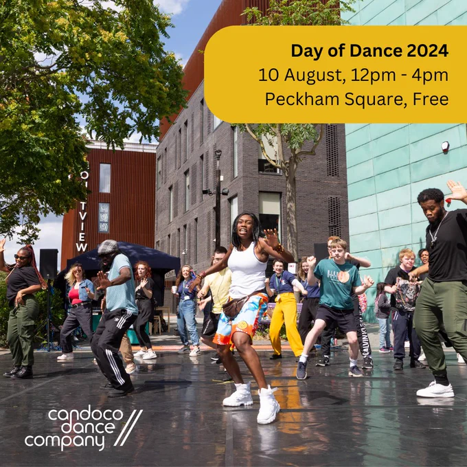 A descriptive image announcing the return of our free Day of Dance event on the 10 August, 12pm - 4pm, in Peckham Square. The background image features a group of people dancing outdoors.