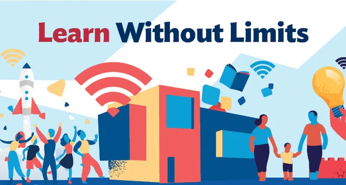 Learn without limits. [Drawing of people walking and celebrating outside a library building as wi-fi symbols and technology fly around them]