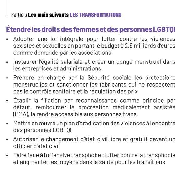 extrait du programme du NFP:

Étendre les droits des femmes et des personnes LGBTQI

• Adopter une loi intégrale pour lutter contre les violences  sexistes et sexuelles en portant le budget à 2,6 milliards d’euros  comme demandé par les associations 
• Instaurer l’égalité salariale et créer un congé menstruel dans  les entreprises et administrations 
• Prendre en charge par la Sécurité sociale les protections menstruelles et sanctionner les fabricants qui ne respectent pas le contrôle sanitaire et la régulation des prix
• Établir la filiation par reconnaissance comme principe par défaut, rembourser la procréation médicalement assistée (PMA), la rendre accessible aux personnes trans
• Mettre en œuvre un plan d’éradication des violences à l’encontre des personnes LGBTQI
• Autoriser le changement d’état-civil libre et gratuit devant un officier d’état civil
 Faire face à l’offensive transphobe : lutter contre la transphobie et augmenter les moyens dans la santé pour les transitions
