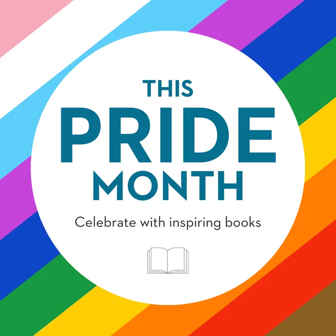 Pride colors in diagonal lines in the background. Foreground text: This Pride Month celebrate with inspiring books. Icon of open book. 