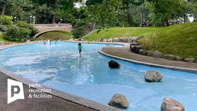 Image of kids playing in the Ravine at Deering Oaks park in Portland, Maine. Portland "P" logo Parks   Rec
