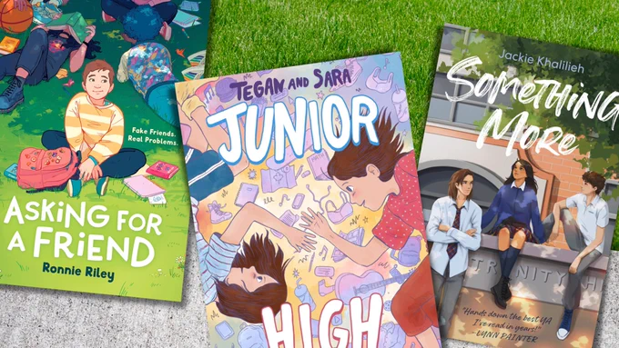 Digital graphic features the book covers of Asking For A Friend, Junior High, and Something More lying in the grass.