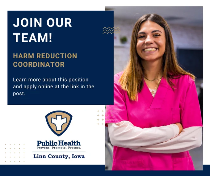 A join our team graphic with a photo of a smiling nurse. This graphic is to promote the Harm Reduction Coordinator position at Linn County Public Health.