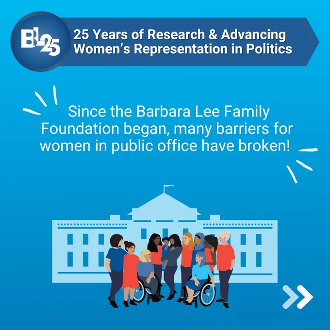 Graphic celebrating 25 years of the Barbara Family Foundation's research and advancements for women in public office. Features an illustration of a diverse group of women, including individuals with a wheelchair, in front of a stylized White House. Text on the image states, "25 Years of Research & Advancing Women in Public Office. Since the beginning, many barriers for women in public office have broken!" Blue and teal accents and shattered glass icons emphasize the celebratory theme.