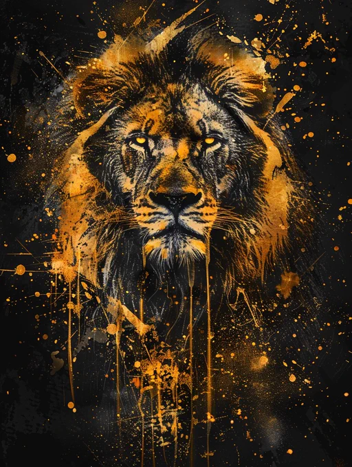 Majestic Lion in a painted style with colored paint splatters, amber and gold colors on a black background --ar 3:4