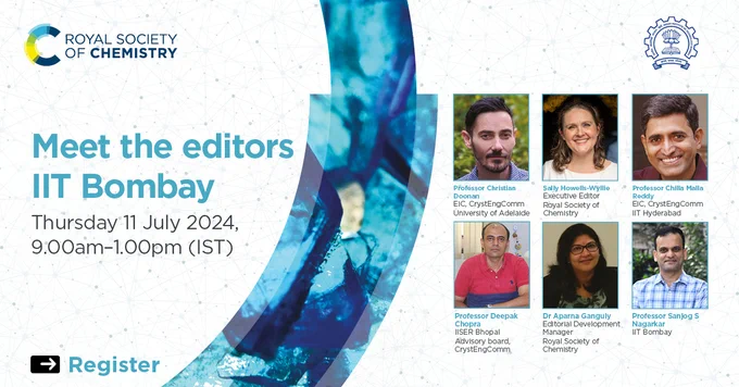 The image is a promotional banner for an event titled "Meet the editors at IIT Bombay" scheduled for Thursday, 11 July 2024, from 9:00 am to 1:00 pm (IST), 