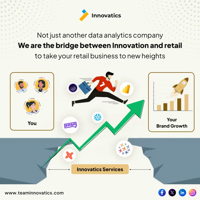  Innovatics offers all that is required to help scale up your business. We offer managed services that cover all that can be put into action for retail success. Here is what we can assist you with whether you are an online sales brand or having a retail store who is willing to expand, you can have below mentioned managed data analytics and AI services with promised transformation.

Customer behavior analytics 
Inventory optimization
Demand forecasting
Personalized marketing
Price optimization
Performance analytics
AI assistance
Supply chain analytics

Contact us to discuss your business growth with us- We will be glad to assist you. 
