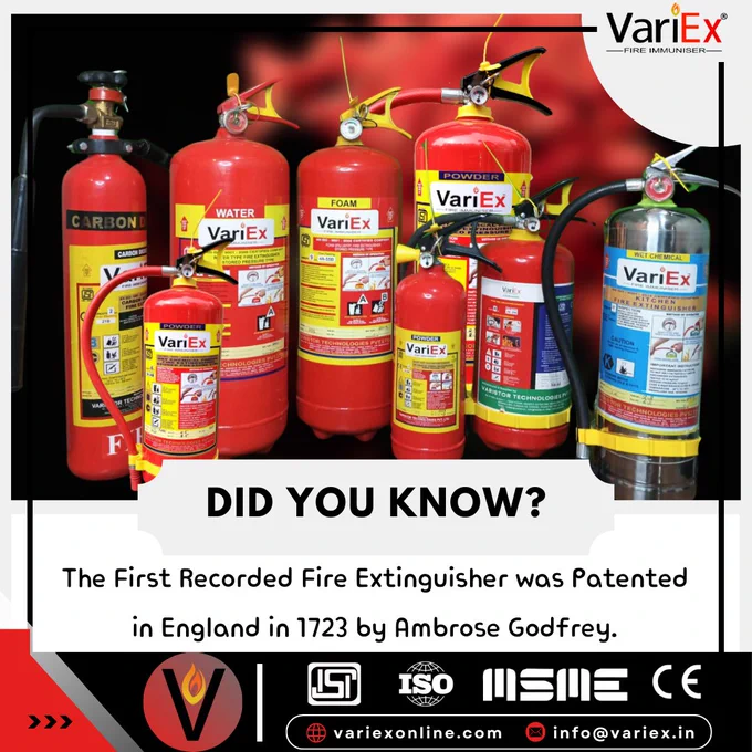 "Did you know the first-ever fire extinguisher was patented in 1723 by Ambrose Godfrey in England? Explore the origins of fire safety with this fascinating historical fact."