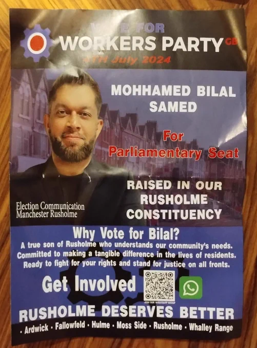 Workers Party leaflet with headline text "Mohhamed Bilal Samed for Parliamentary Seat"