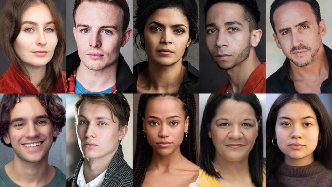 A collage of headshots from the ten cast members of Cable Street with each of their names in white writing.