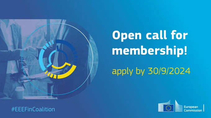 Open call for membership! Apply by 30/9/2024. Blue visual with business people shaking hands in the photo. 
