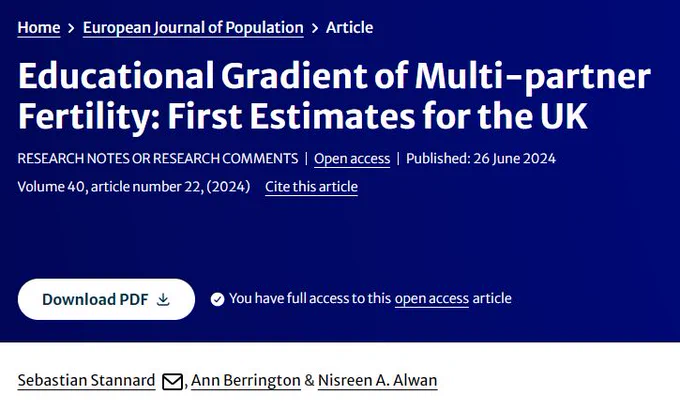 Home  European Journal of Population  Article
Educational Gradient of Multi-partner Fertility: First Estimates for the UK
Open access
Published: 26 June 2024
Volume 40, article number 22, (2024)
Cite this article
Sebastian Stannard, Ann Berrington & Nisreen A. Alwan 