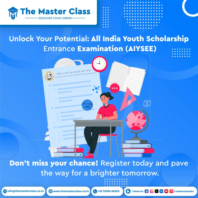 🌟 Exciting Opportunity Alert! 🌟

Are you a student aspiring to excel? Announcing the All India Youth Scholarship Entrance Examination (AIYSEE)! 🎓✨

ℹ️ AIYSEE is your gateway to scholarships that pave the way for a bright future. Don’t miss out on this chance to showcase your talent and secure support for your academic journey!

🔗 Learn more and register at  https://aiysee.com/apply-now

#TheMasterClass #Letsconnect #Scholarship #AIYSEE #EducationForAll #FutureLeaders #Opportunity #Students #ScholarshipExam #AcademicExcellence