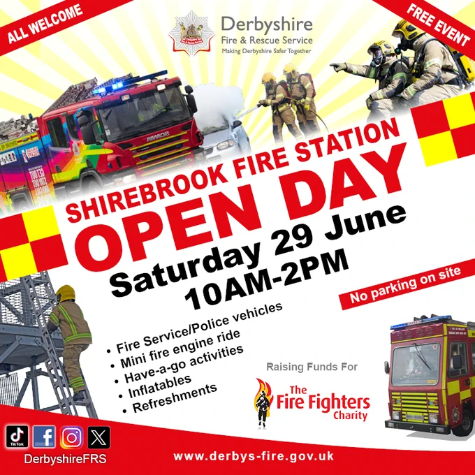 A poster for Shirebrook fire station open day on Saturday 29 June between 10am and 2pm. 