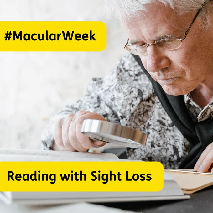 Image of an older gentleman using a magnifier to read a page of a book, Text 'Reading with Sight Loss' and '#MacularWeek'