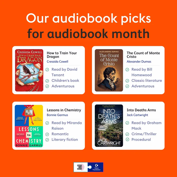 Text: Our audiobook picks for audiobook month. How to Train Your Dragon by Cressida Cowell, read by David Tennant. Children's book, adventurous. The Count of Monte Cristo by Alexander Dumas, read by Bill Homewood. Classic literature, adventurous. Lessons in Chemistry by Bonnie Gormus, read by Miranda Raison. Romantic, literary fiction. Into Death's Arms by Jack Cartwright, read by Graham Mack. Crime/thriller, procedural.
