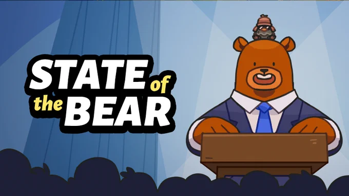 An illustrated image of Hank the Bear from Bear and Breakfast, wearing a blue suit and standing in front of a podium talking. On his head we see Will, a bird, wearing secret-agent sunglasses. Text overlaid on the image reads "State Of The Bear".
