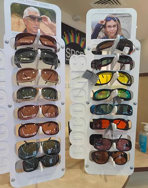 Images 1 is a picture of a range of different styles of glasses and different coloured filters on 2 display stands