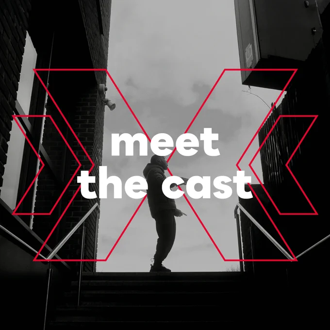 Before I Go lead image by K.JCaptures. Tobi King Bakare on the top of some stairs by an estate, performing to himself. Overlayed is the red outline of a red chevron and text reads "meet the cast"