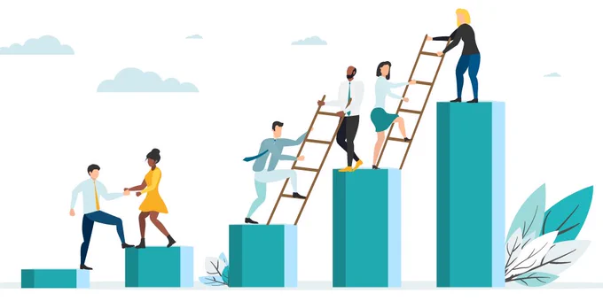 Graphic of five pillars increasing in height, with figures on top helping each other get to the top, including using ladders