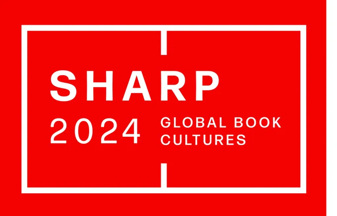 Red box with white writing that says SHARP 2024. Global Book Cultures.